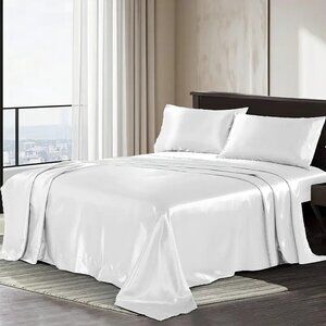White satin queen sheet set. Great for hot sleepers.  luxury silky satin